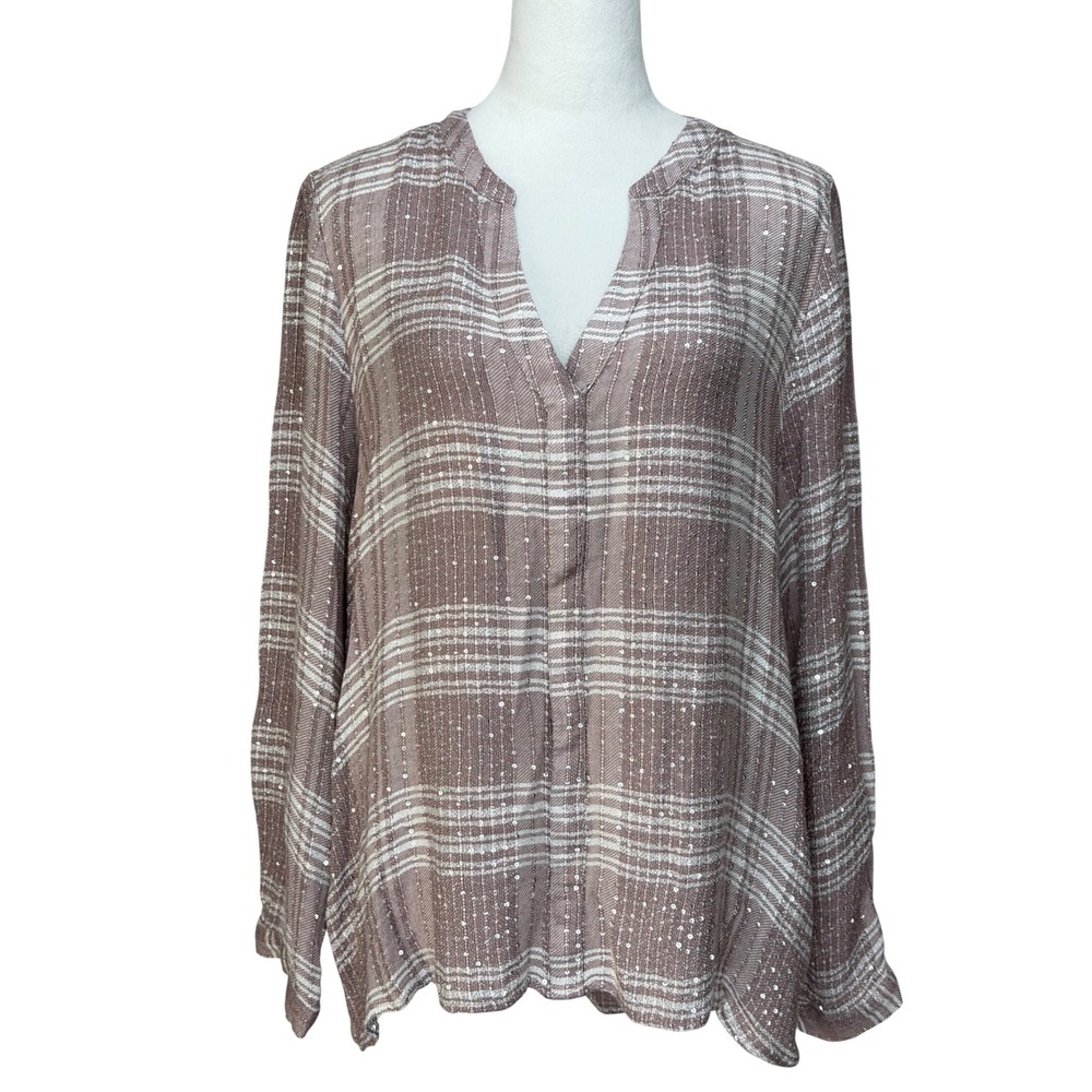 Jennifer Lopez Women Rayon Blouse XL Mauve Plaid Sequin V-Neck Long Sleeve Top